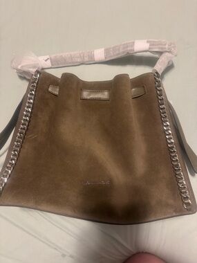 Suede Bucket Tote Bag with Chain Accent - Brown